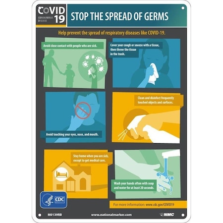 Nmc Safety Sign, STOP THE SPREAD OF GERMS, Pressure Sensitive Removable Vinyl 0045, 14 H x 10 W in M0139PBR